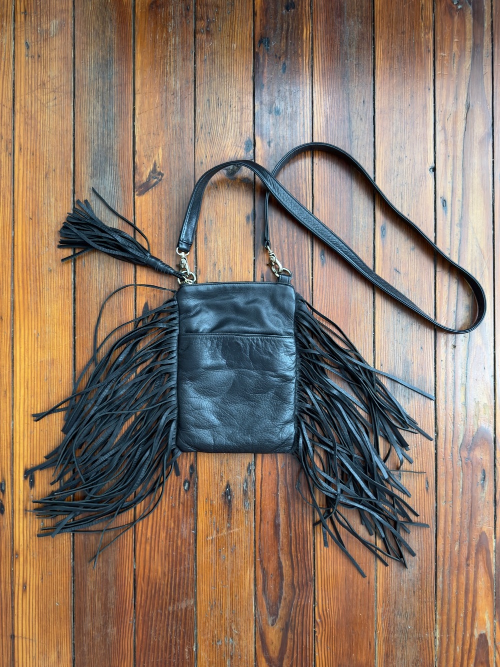 Fringed Black Leather Crossbody Bag
